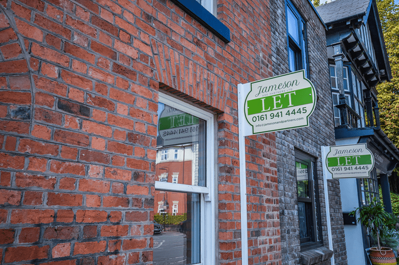 An image of two rental properties with Jameson and Partners LET signs on the outside, to accompany an article about the Renters' Rights Act
